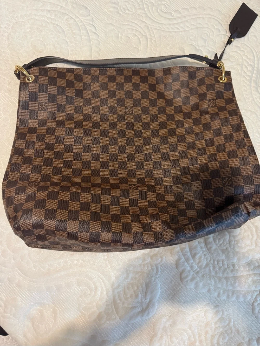 Lovely Louis Vuitton Brown Checkered Shoulder Bag with Dark Brown Strap
